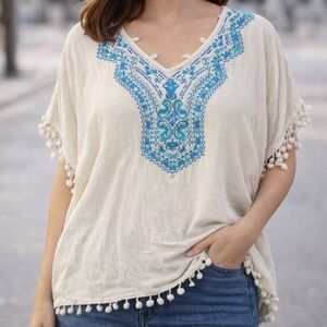 Avenue Cream Tunic with Blue Embroidery plus size 16